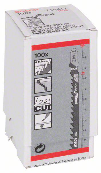 Verpackung von Bosch Stichsägeblättern, Modell T144D. Enthält 100 Blätter. Geeignet für Holz, schnelle Schnitte, Größe 4-5,2 mm.