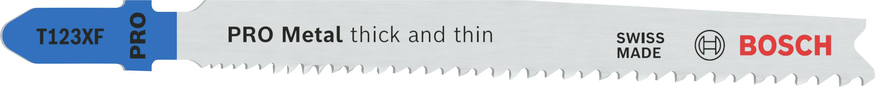 Metall-Sägeblatt von Bosch, Modell T123XF, mit der Aufschrift 'PRO Metal thick and thin', geeignet für dicke und dünne Materialien.