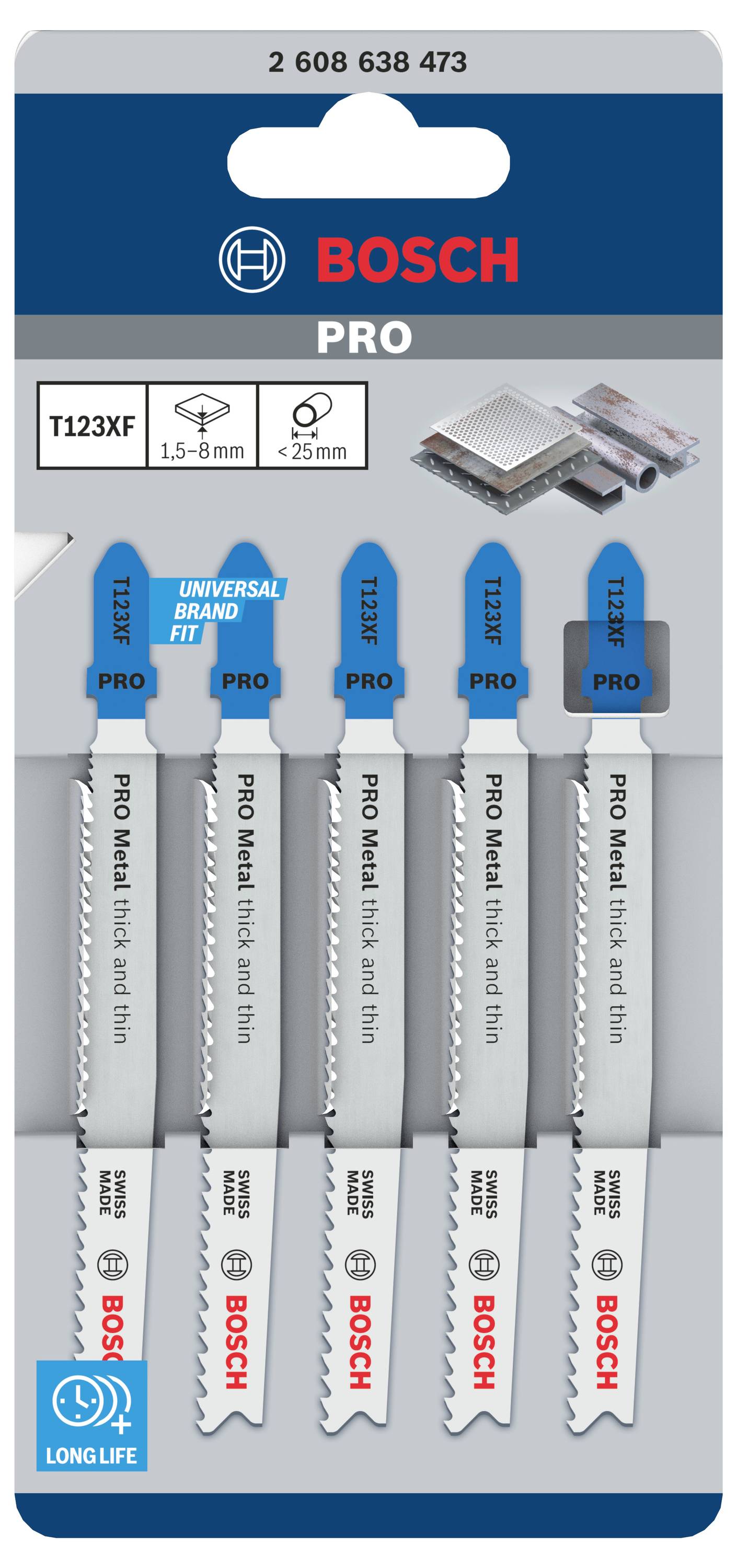 Verpackung mit fünf Bosch Pro Stichsägeblättern, Modell T123XF, geeignet für Metall und Holz. Universalaufnahme, langlebig.