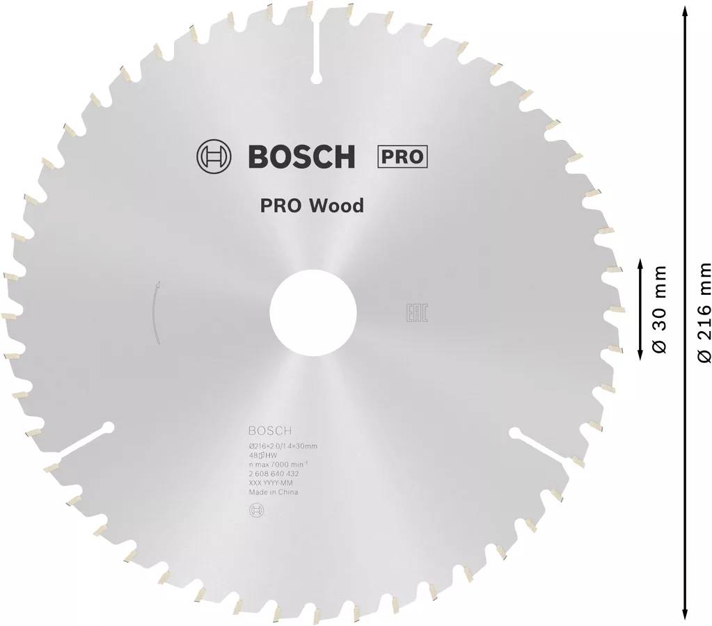 Sägeblatt der Marke Bosch, speziell für Holz. Durchmesser 216 mm, Bohrungsgröße 30 mm.
