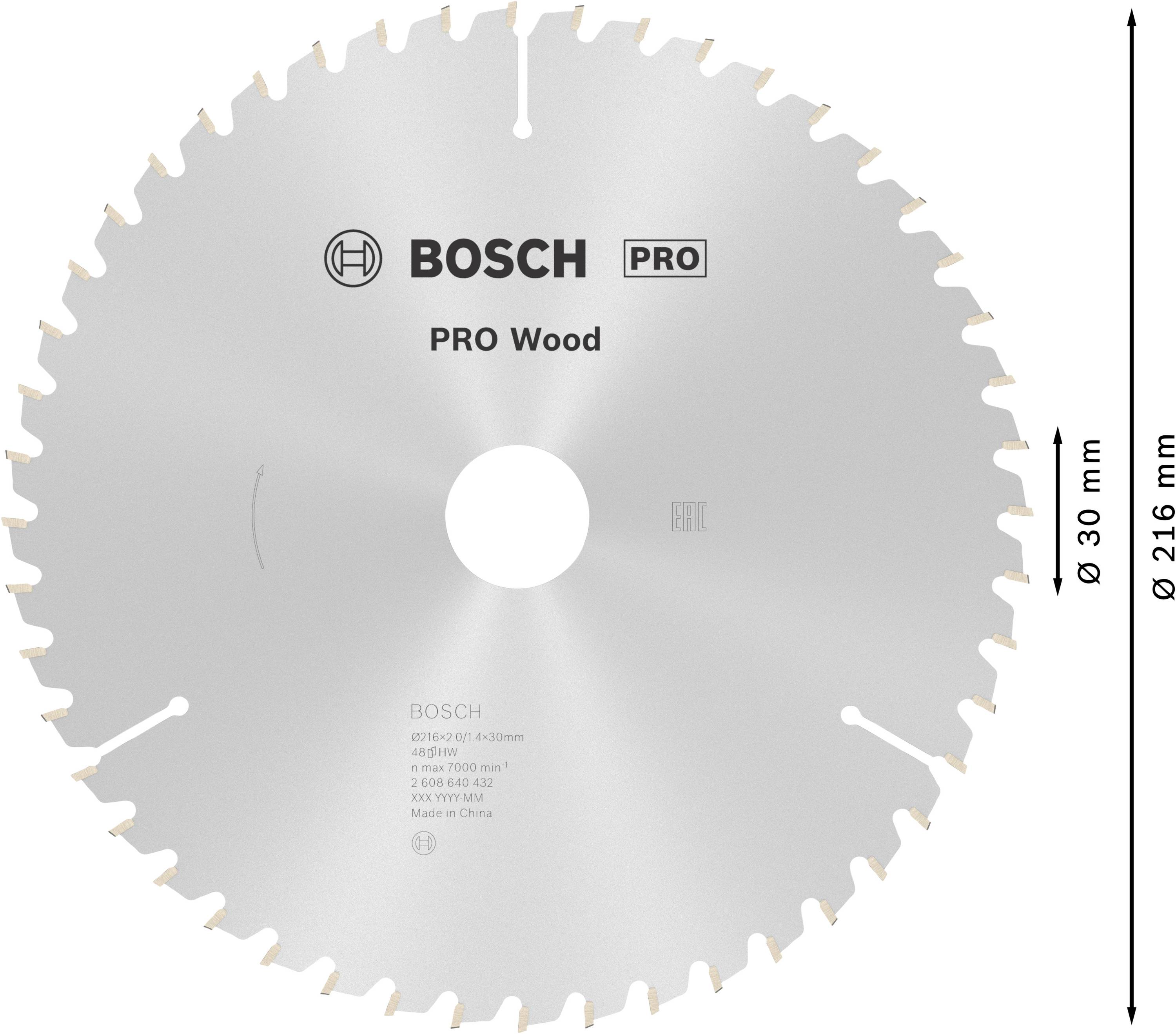 Kreissägeblatt von Bosch, Modell 'PRO Wood', Durchmesser 216 mm, Bohrung 30 mm. Geeignet für präzises Schneiden von Holz.