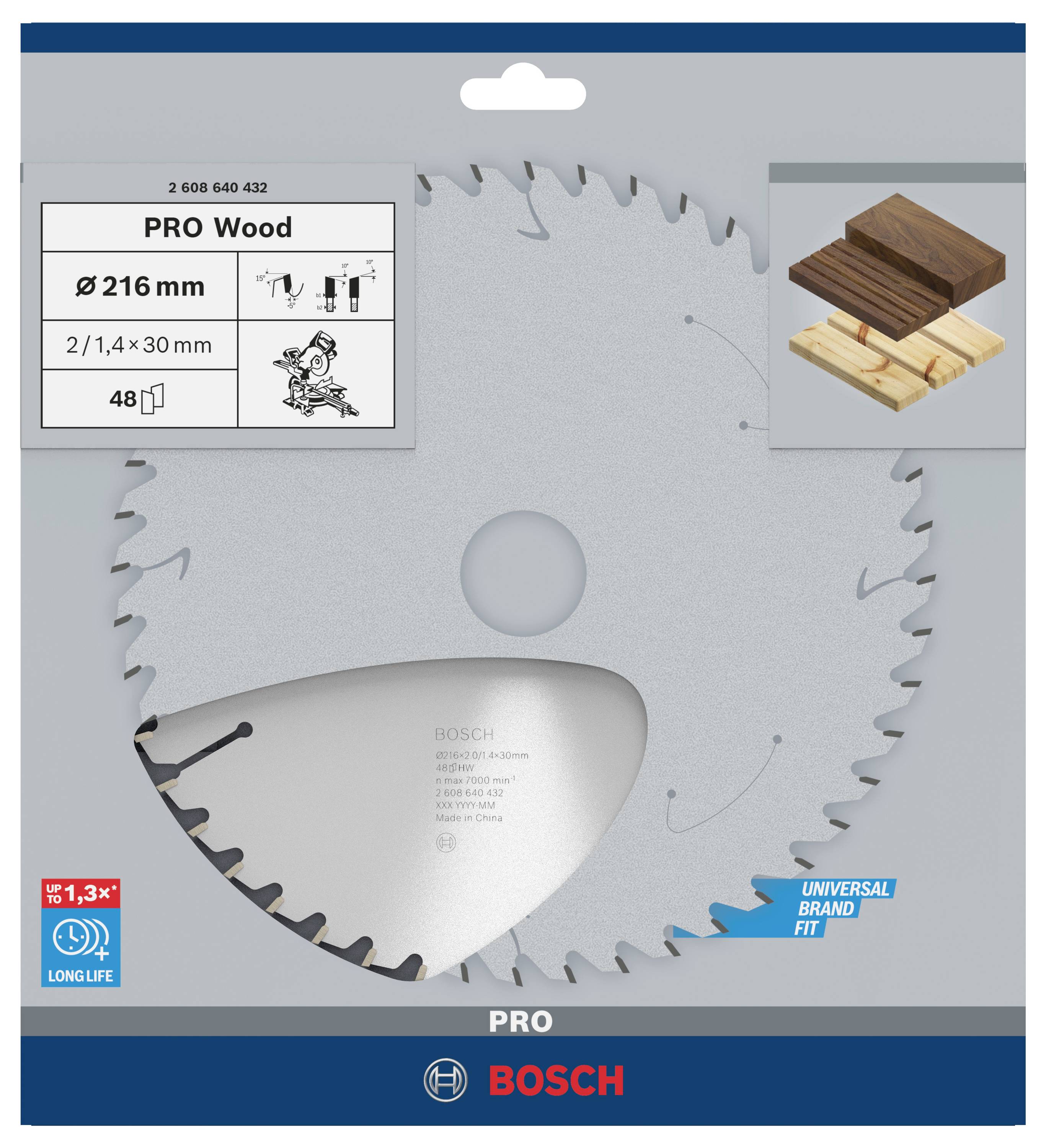 Sägeblatt 'PRO Wood' von BOSCH, Durchmesser 216 mm, für Holz geeignet. Verpackung mit Angaben und Abbildungen von Holzmaterial.