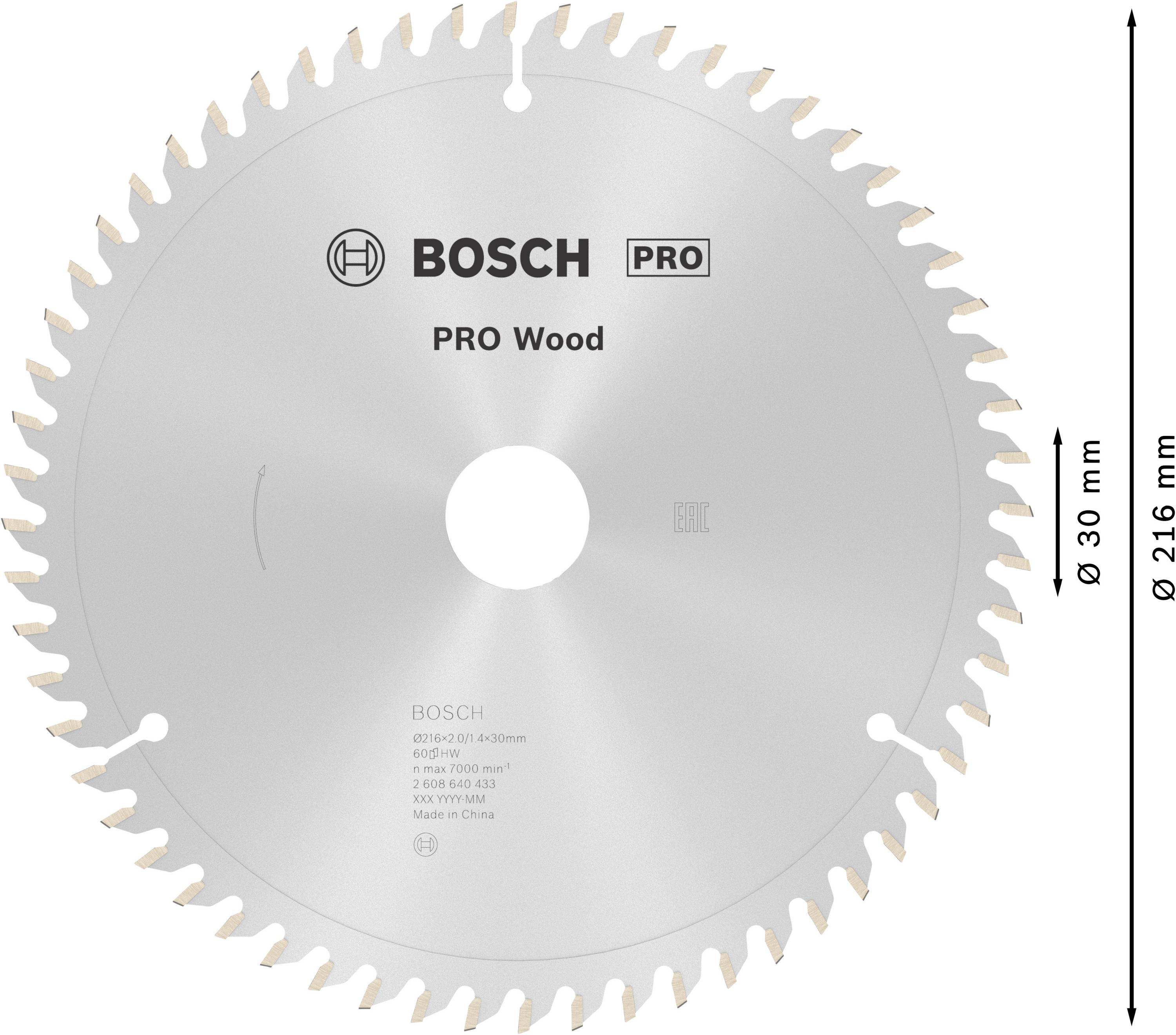 Kreissägeblatt von Bosch für Holz, Durchmesser 216 mm, Bohrung 30 mm, 60 Zähne, geeignet für präzises Sägen, hergestellt in China.