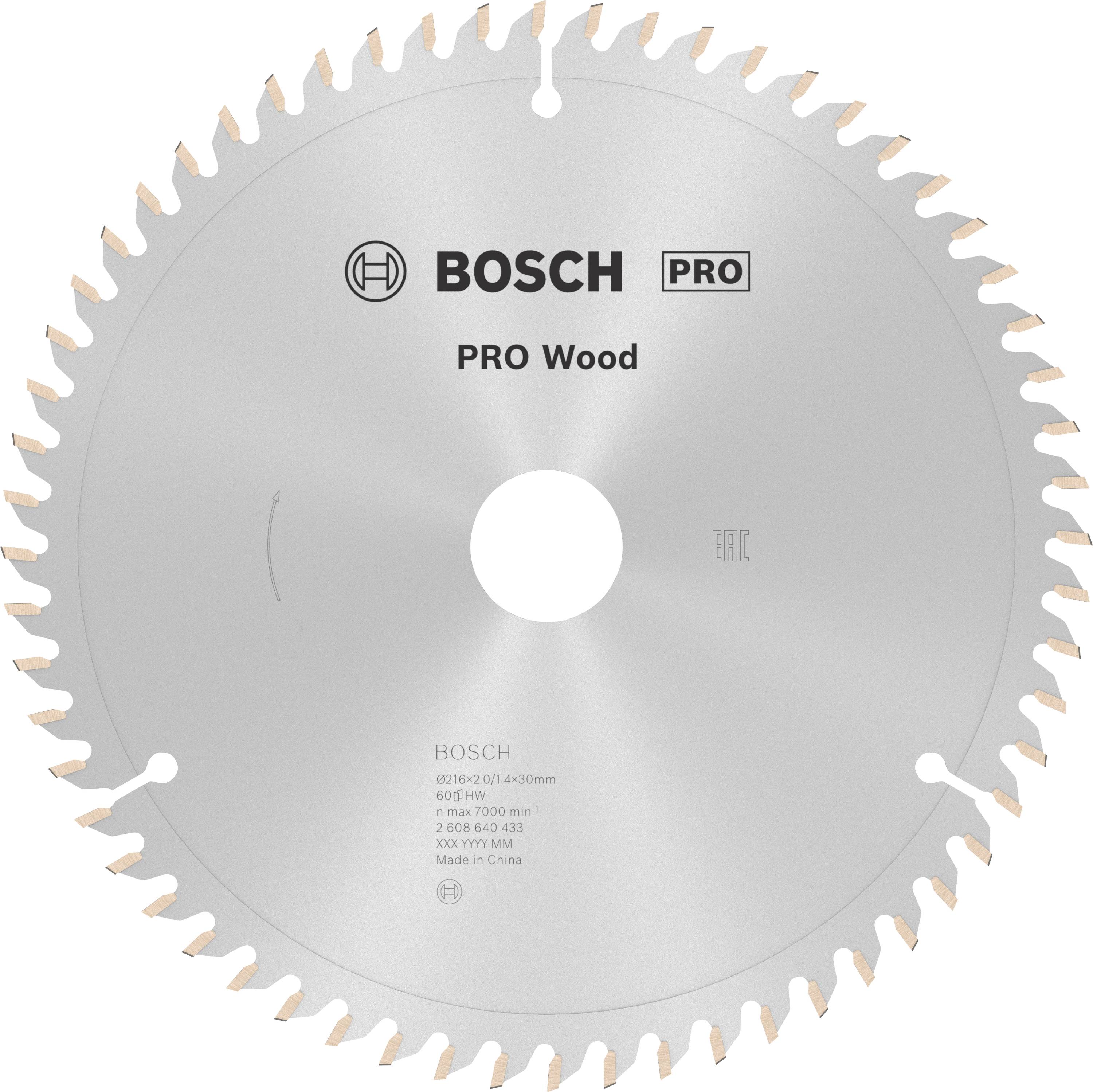 Kreissägeblatt mit Zähnen um den Rand, markiert mit 'Bosch Pro Wood', geeignet für Holzbearbeitung, silberne Farbe.