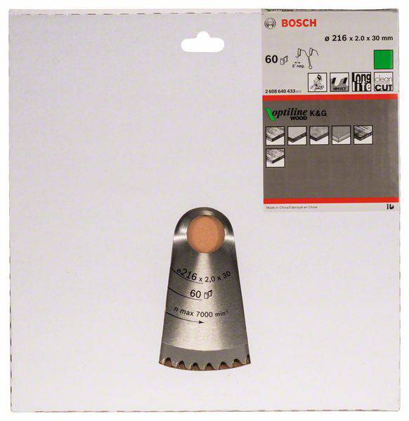 Verpackung einer Bosch Kreissägeblatt, Modell 'Optiline Wood', Durchmesser 216 x 2,0 x 30 mm. Max. 7000 U/min, für Holzschnitt.