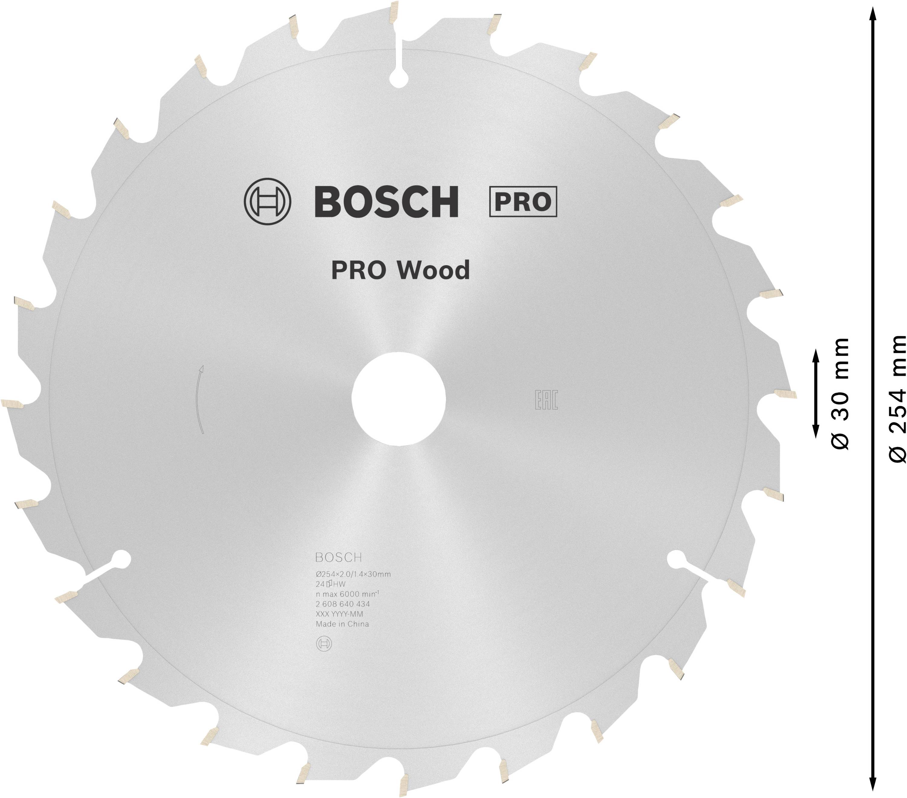 Kreissägeblatt für Holz mit Aufschrift 'BOSCH PRO Wood', Durchmesser von 254 mm.