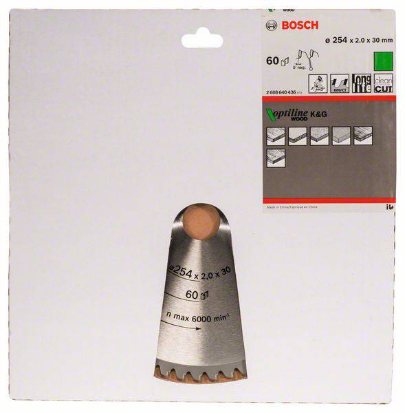 Verpackung eines Bosch Kreissägeblatts, zeigt Spezifikationen: Durchmesser 254 mm, Stärke 2,0 mm, Bohrung 30 mm, max 6000 U/min.
