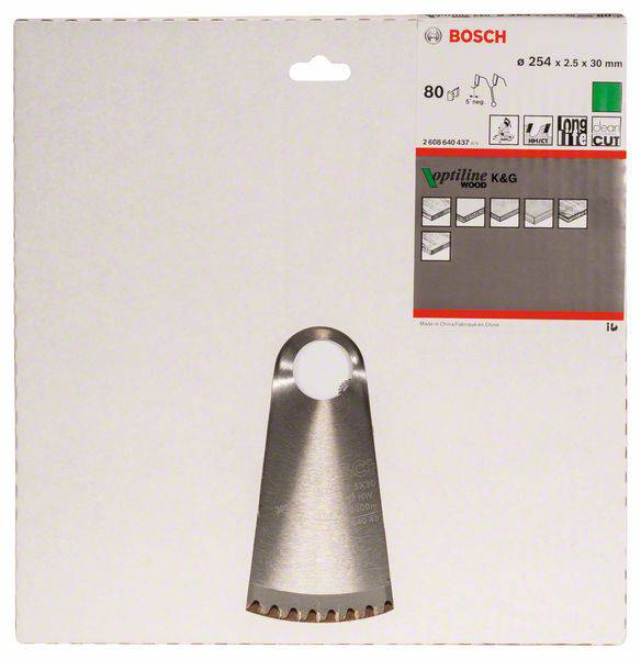 Verpackung eines Bosch-Sägeblatts. Modell 'Optiline Wood' für Holz. Durchmesser 254 mm, 80 Zähne, langlebig und präzise.
