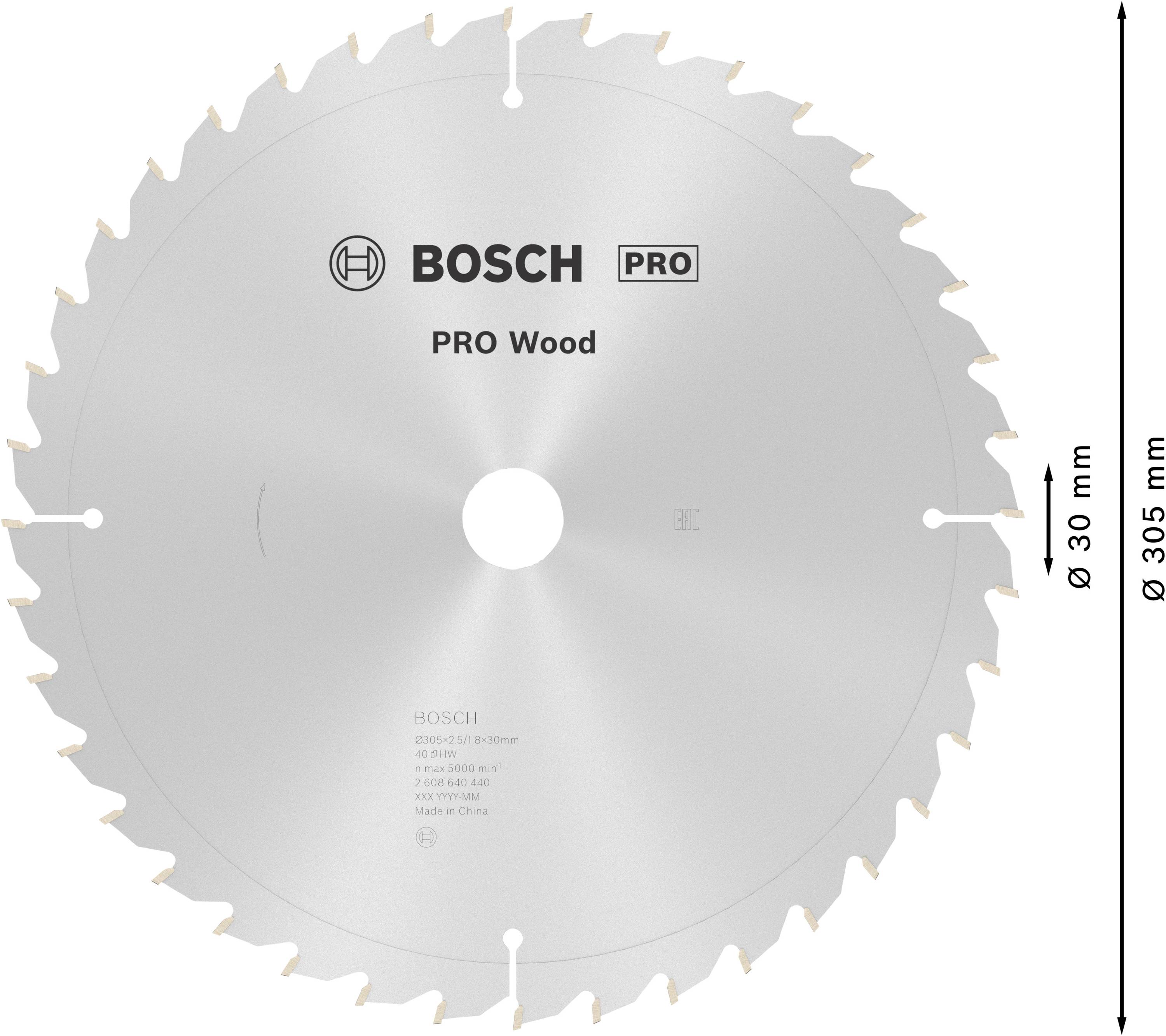 Kreissägeblatt mit Zähnen und Beschriftung 'BOSCH PRO Wood'. Durchmesser: 305 mm, Bohrung: 30 mm, geeignet für Holzarbeiten.