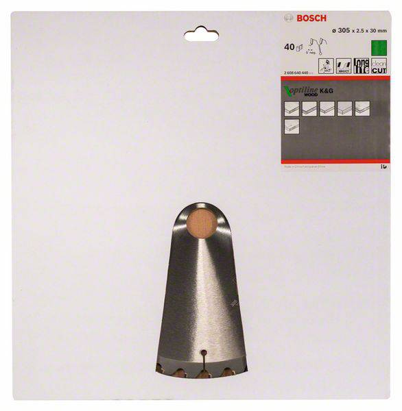 Sägeblatt von Bosch für Holzarbeiten, Durchmesser 305 mm, 40 Zähne, für saubere Schnitte, verpackt mit technischen Details aufgedruckt.
