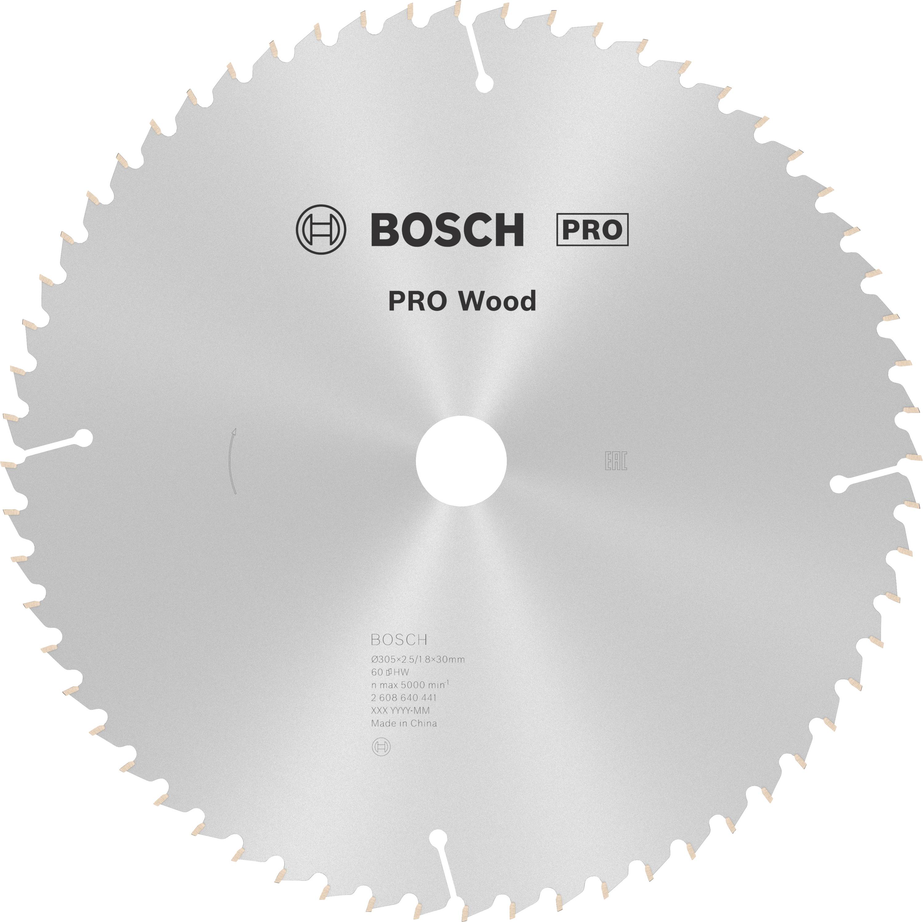 Kreissägeblatt mit Aufschrift 'BOSCH PRO Wood', geeignet für Holzschnitte, Durchmesser 250mm, Zähnezahl 60, hergestellt in China.
