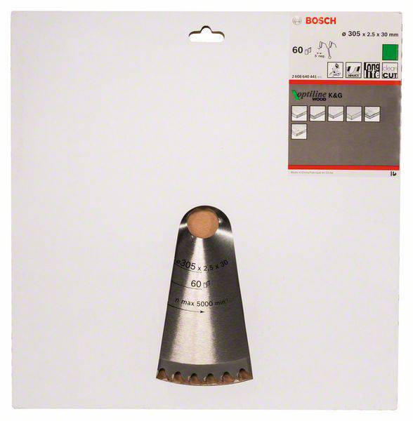 Bosch Kreissägeblatt, Durchmesser 305 mm, Zähnezahl 60, geeignet für Holz. Verpackung zeigt Anwendungspiktogramme.