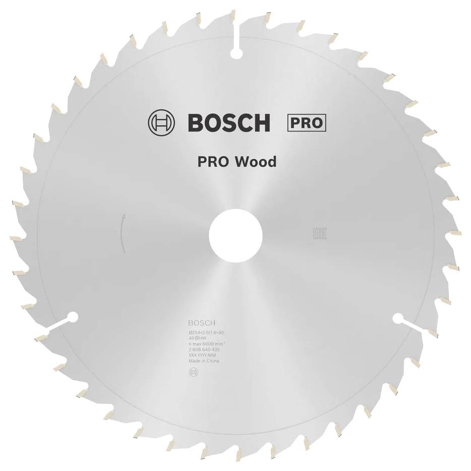 Eine Kreissägeblatt mit dem Aufdruck 'Bosch PRO Wood' in Silberfinish und gleichmäßig angeordneten Zähnen an seinem Rand. Entwickelt zum Schneiden von Holz.