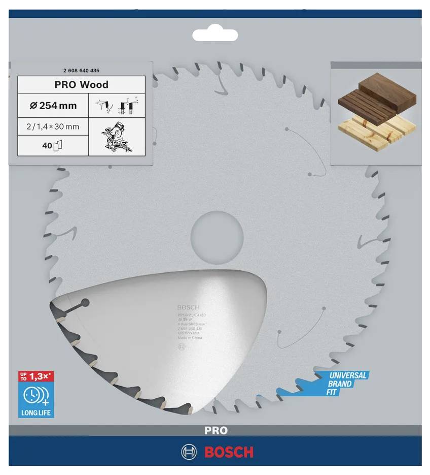 Bosch PRO Holz-Kreissägeblatt, Ø254mm, 40 Zähne, lange Lebensdauer. Gezeigt beim Holzschneiden, kompatibel mit verschiedenen Marken.