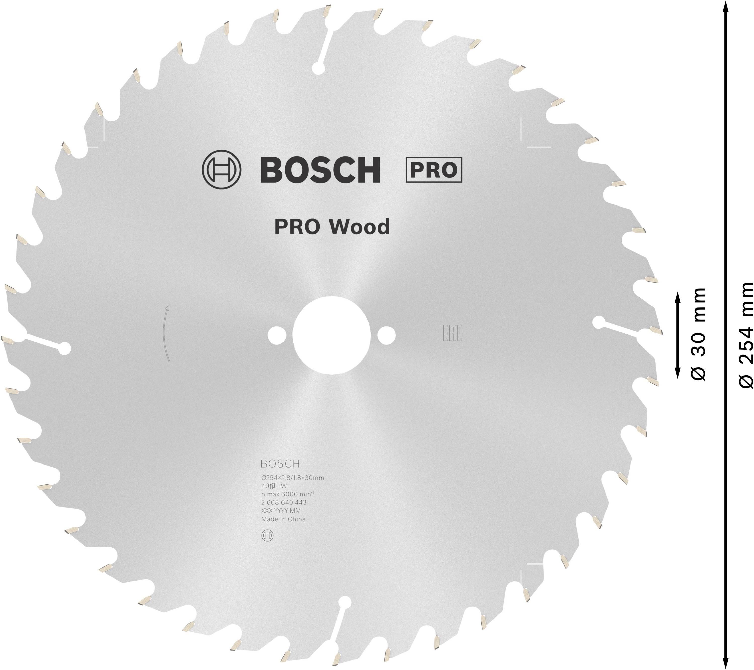 Sägeblatt mit der Aufschrift 'BOSCH PRO Wood', Durchmesser 254 mm, Bohrungsdurchmesser 30 mm, geeignet für Holzarbeiten.