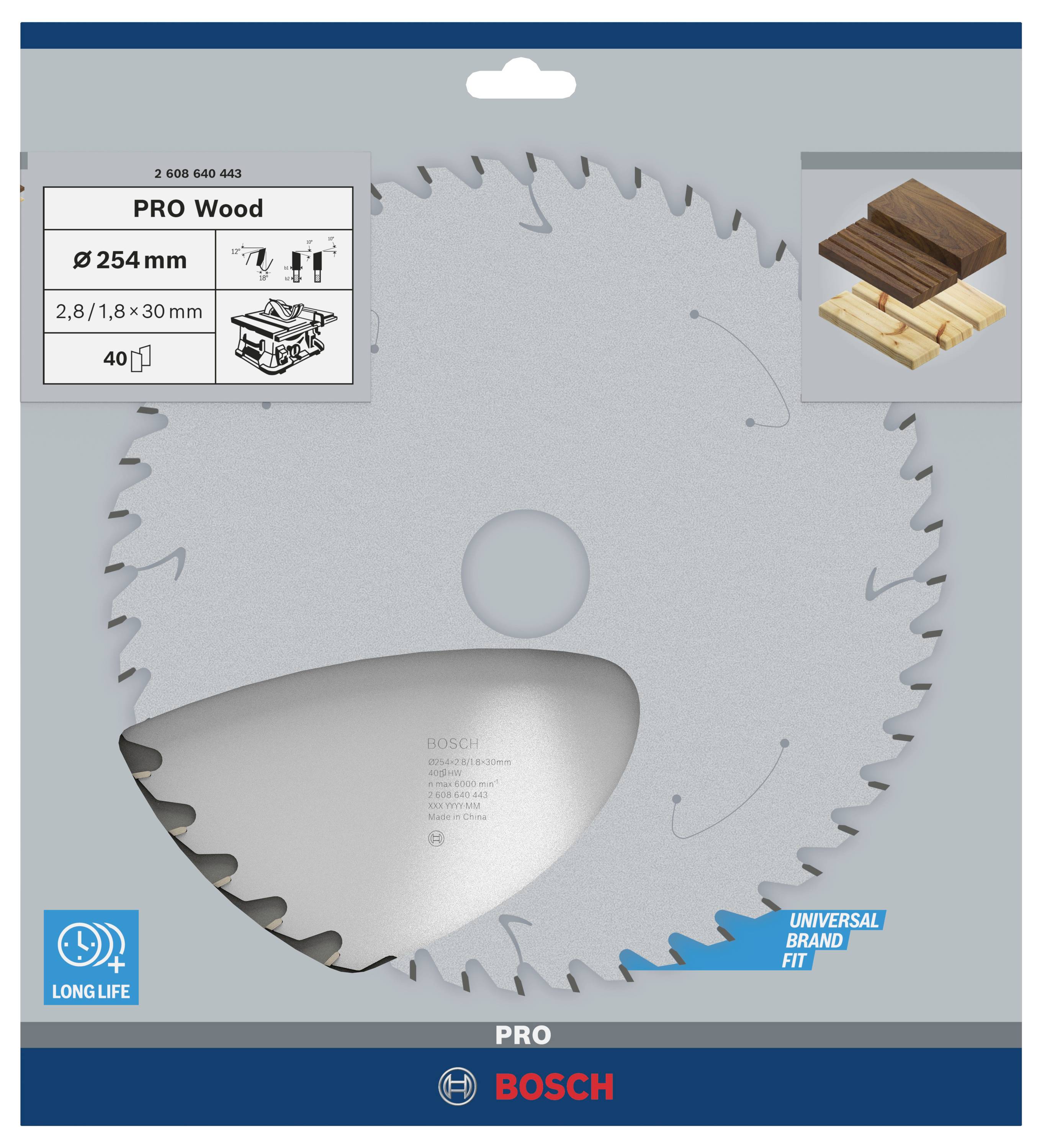 Kreissägeblatt mit 254 mm Durchmesser, geeignet für Holz. Verpackung zeigt Produktinformation und zwei Holzarten als Anwendungsbeispiel.