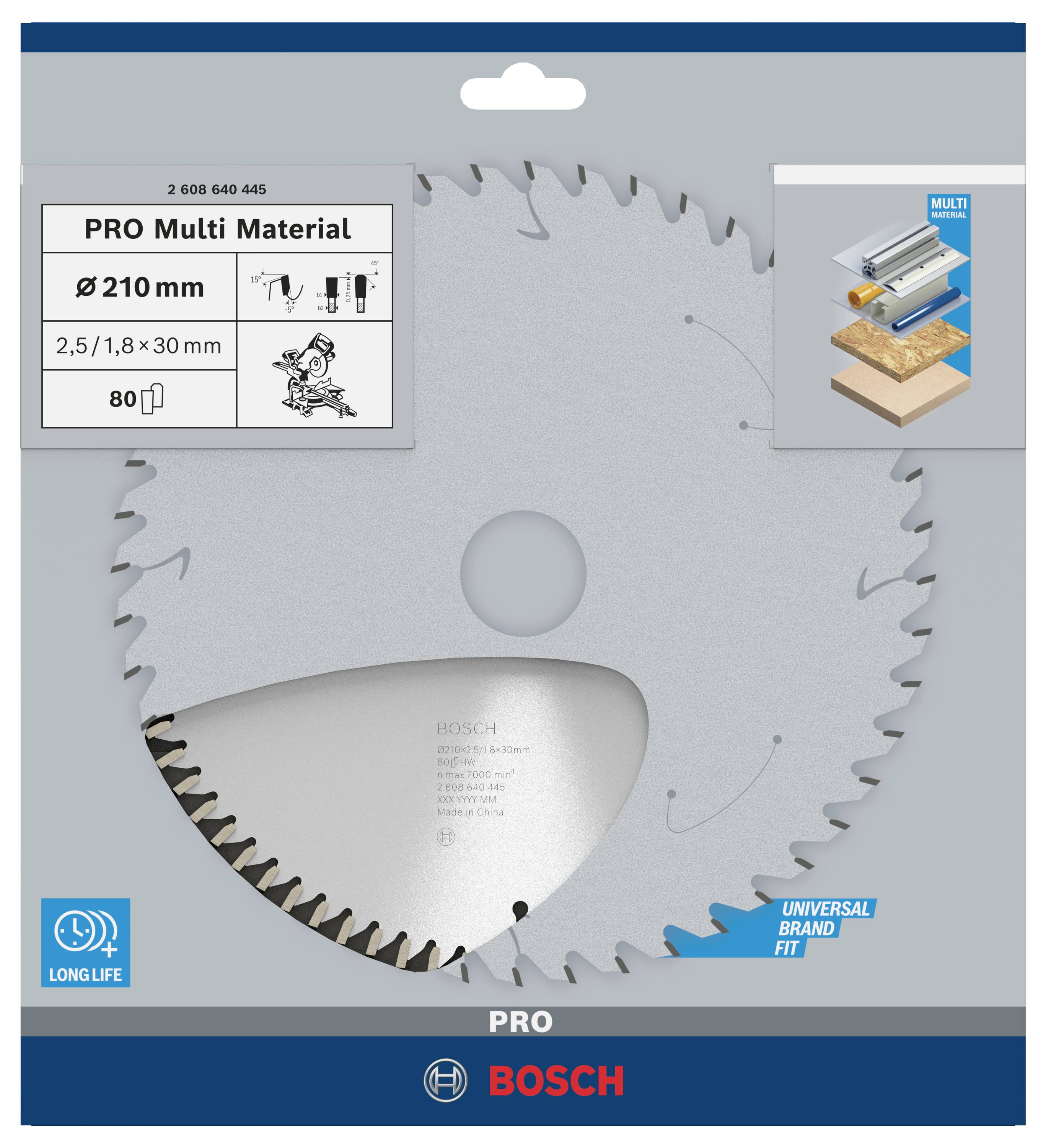 Sägeblatt für mehrere Materialien, Ø 210 mm, 80 Zähne, ideal für Holz- und Metallarbeiten, mit 'Universal Brand Fit' Etikett.