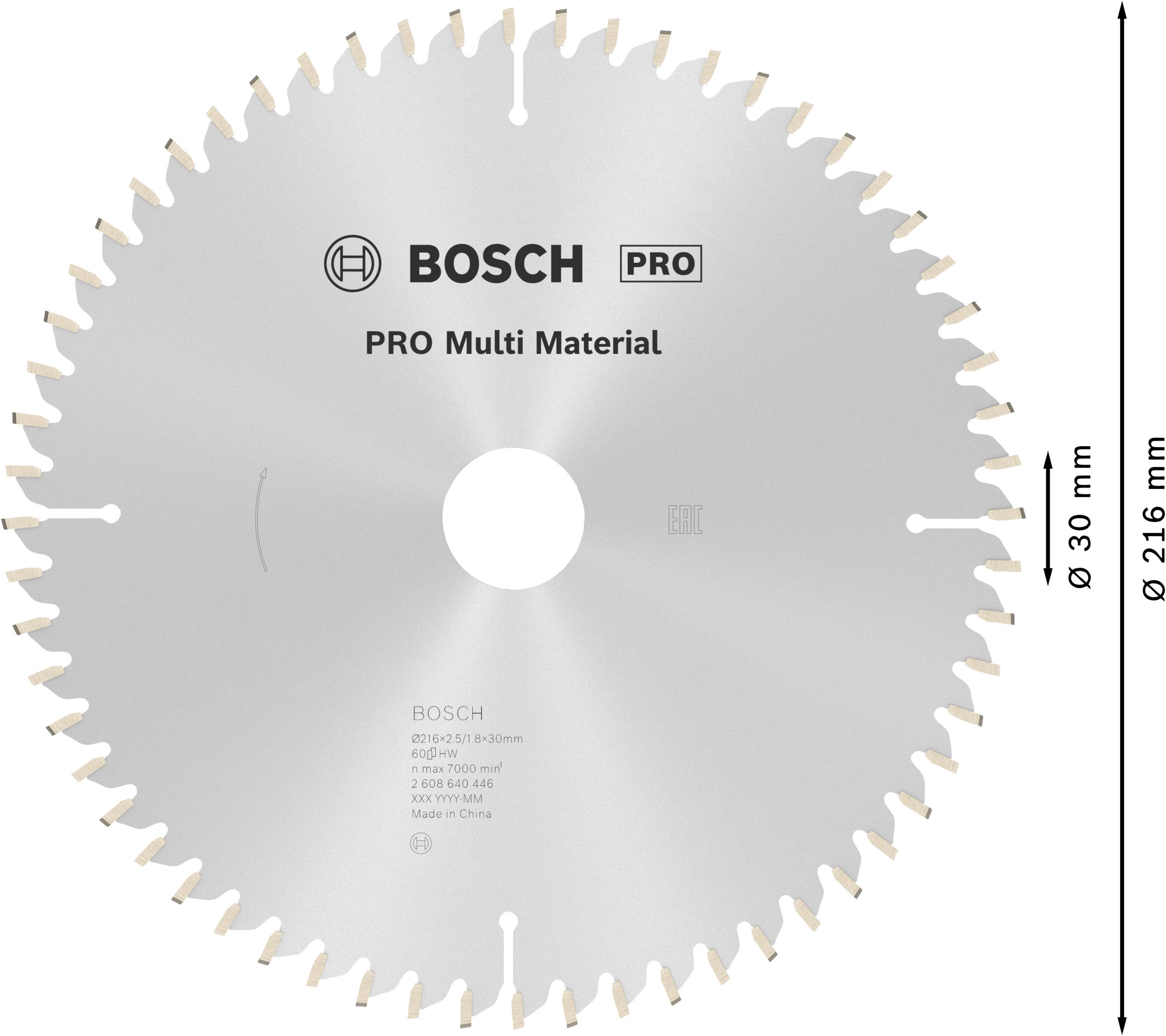 Kreissägeblatt der Marke Bosch mit der Aufschrift 'PRO Multi Material', Durchmesser 216 mm, Bohrung 30 mm, geeignet für verschiedene Materialien.
