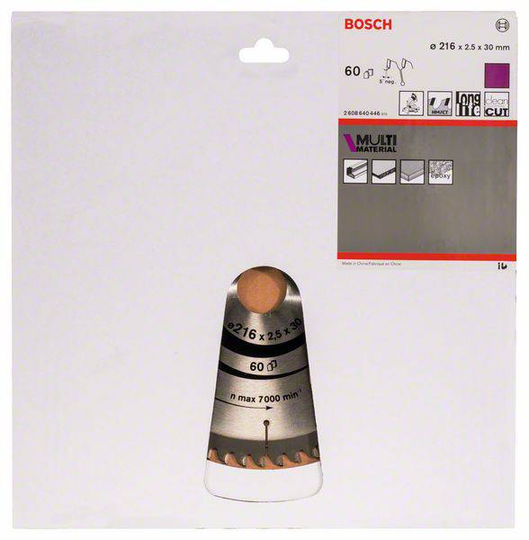Verpackung einer Bosch-Kreissäge mit 216 mm Durchmesser, geeignet für verschiedene Materialien und maximal 7000 U/min.