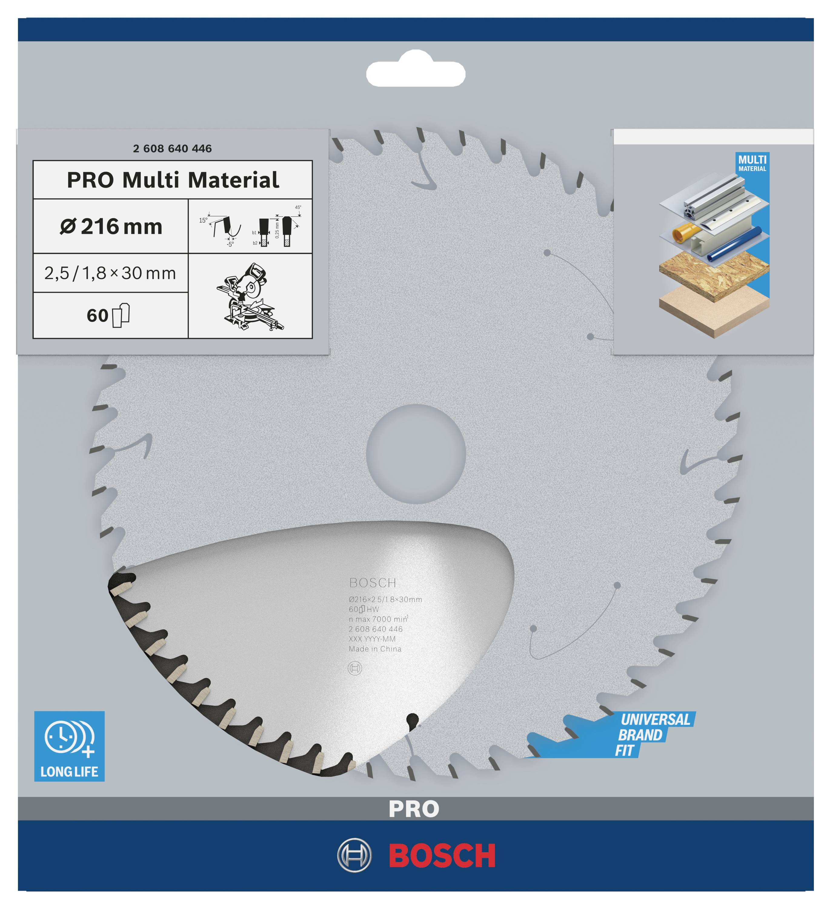 Sägeblatt Bosch Pro Multi Material, Durchmesser 216 mm, 60 Zähne, geeignet für verschiedene Materialien, langlebig.