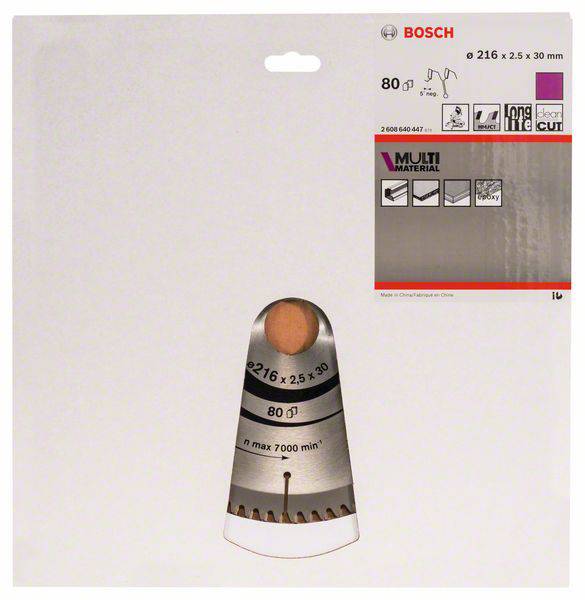 Verpackung für ein Bosch-Sägeblatt, geeignet für Multi-Material. Angaben: ø216 x 2,5 x 30 mm, 80 Zähne, max 7000 U/min.