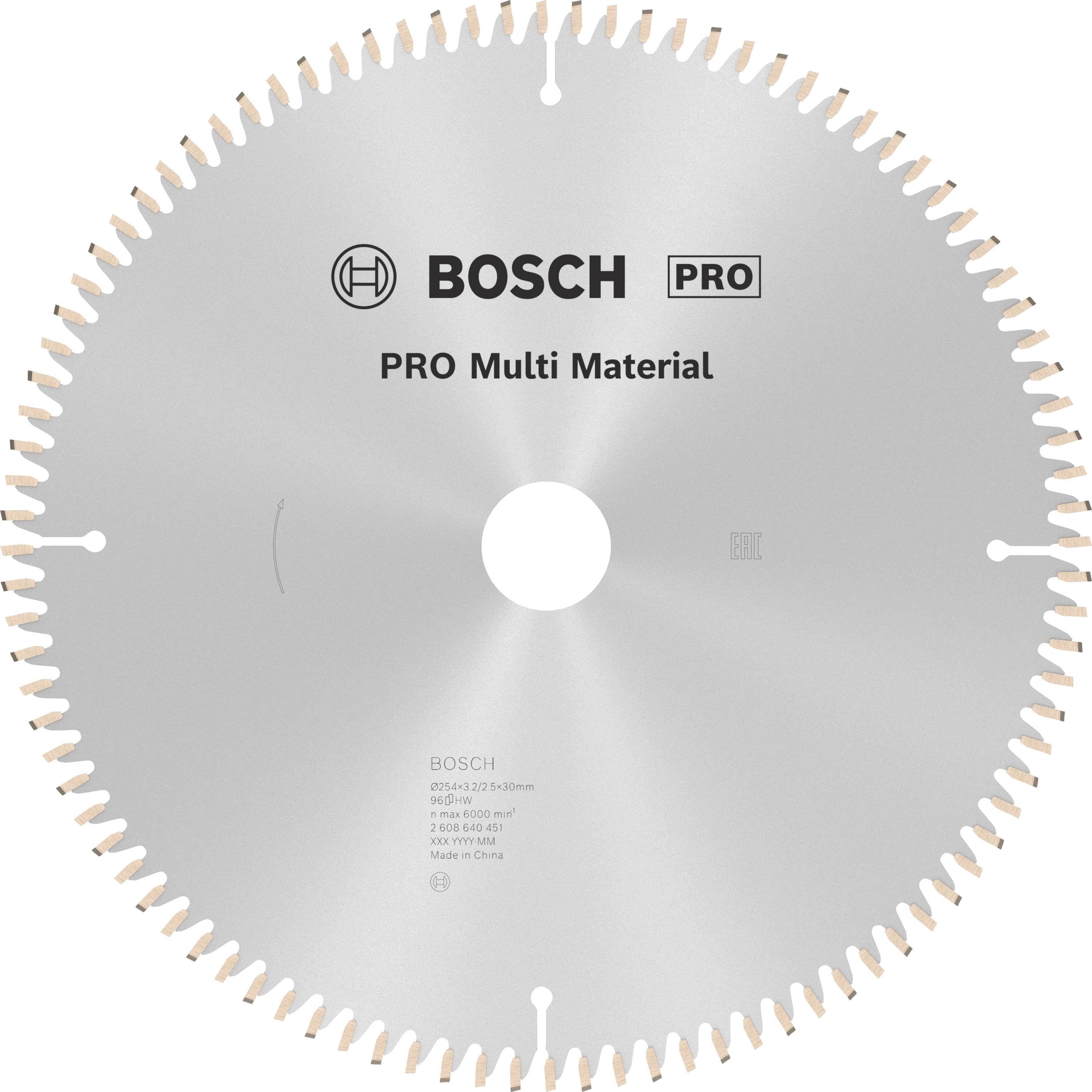 Kreissägeblatt von Bosch, geeignet für 'Pro Multi Material', mit feinen Zähnen und Markierungen.
