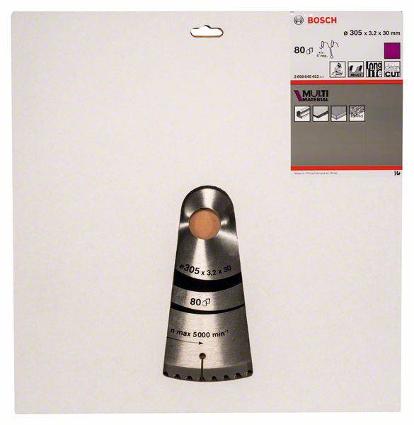 Sägeblatt-Verpackung von Bosch, geeignet für verschiedene Materialien. Durchmesser 305 mm, max. 5000 U/min.
