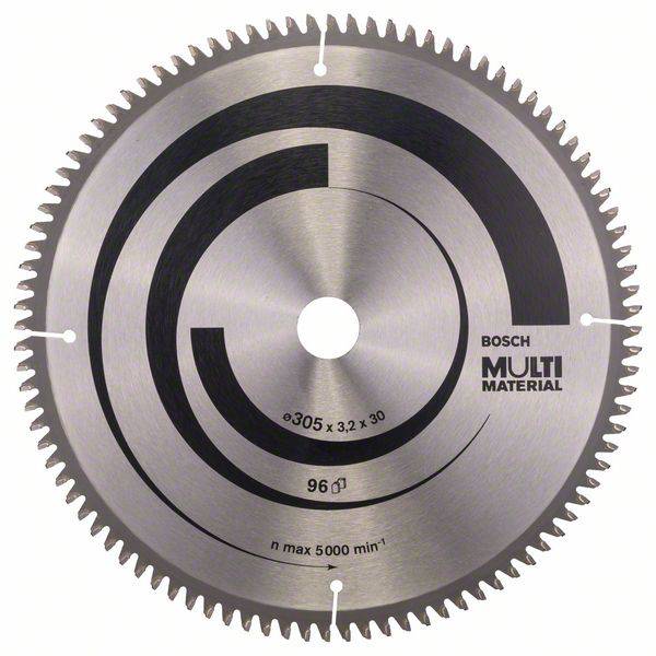 Kreissägeblatt mit der Aufschrift 'Bosch Multi Material', Durchmesser 305 mm, maximal 5000 U/min, für verschiedene Materialien.