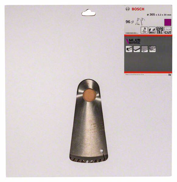 Verpackung einer Bosch Kreissäge, Multi-Material, mit 96 Zähnen und Maßen 305 x 3,2 x 30 mm, für präzisen Schnitt und Langlebigkeit.