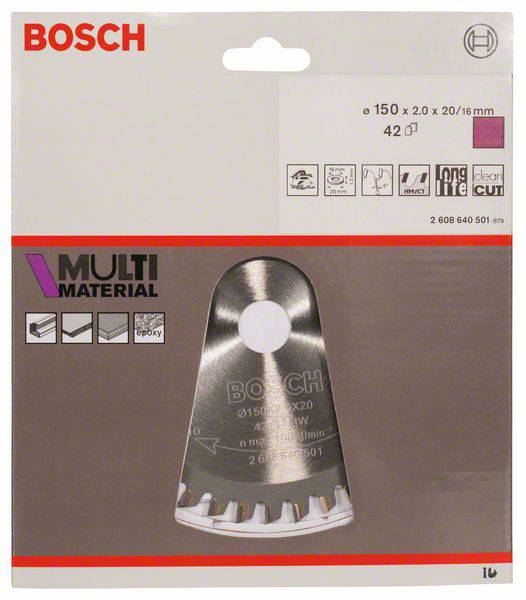 BOSCH Multi-Material Sägeblatt, 6,15x52x20 mm, geeignet für verschiedene Materialien, Verpackung zeigt Produktbild.