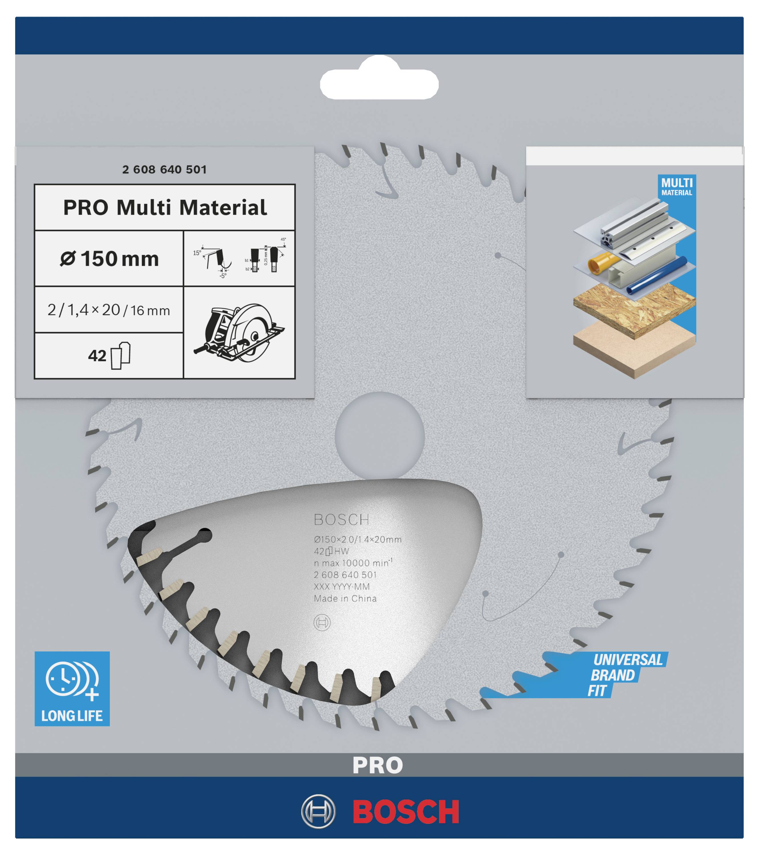Sägeblatt für 150 mm Durchmesser. Geeignet für Multi-Materialien. Enthält detaillierte Abbildung von Anwendungen und technische Informationen.