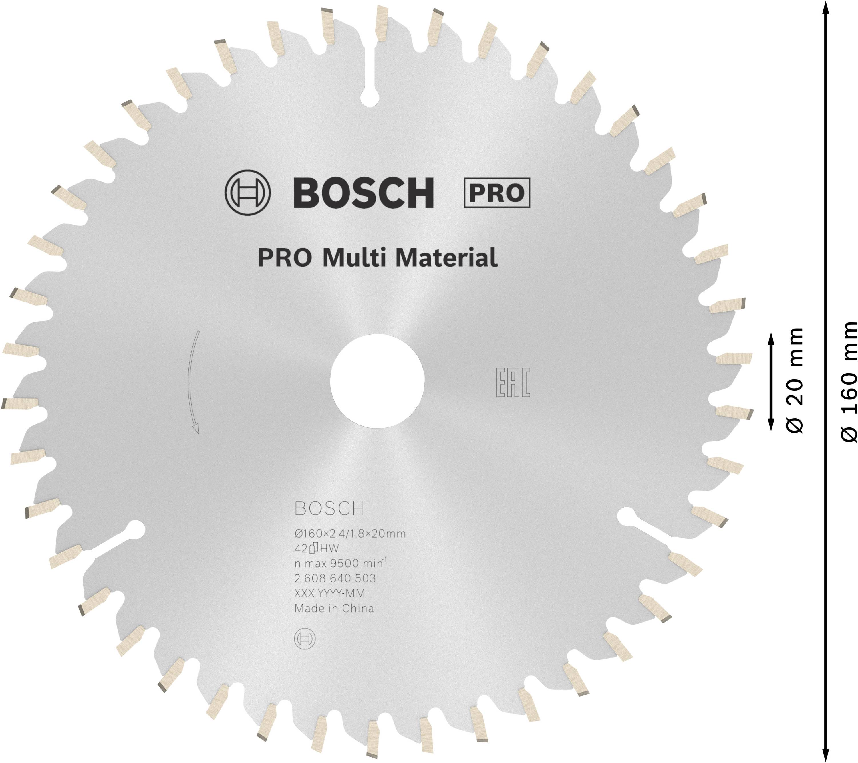 Kreissägeblatt von Bosch Pro für verschiedene Materialien, Durchmesser 160 mm, Bohrloch 20 mm, geeignet für Hochgeschwindigkeit.