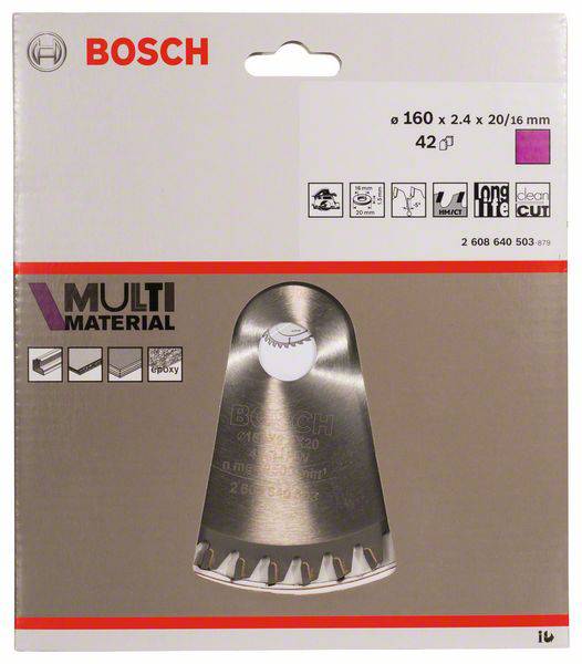 Bosch Multi-Material-Sägeblatt in Verpackung mit Symbolen für kompatible Materialien. Blattdurchmesser 160 mm, Stärke 2,4 mm.