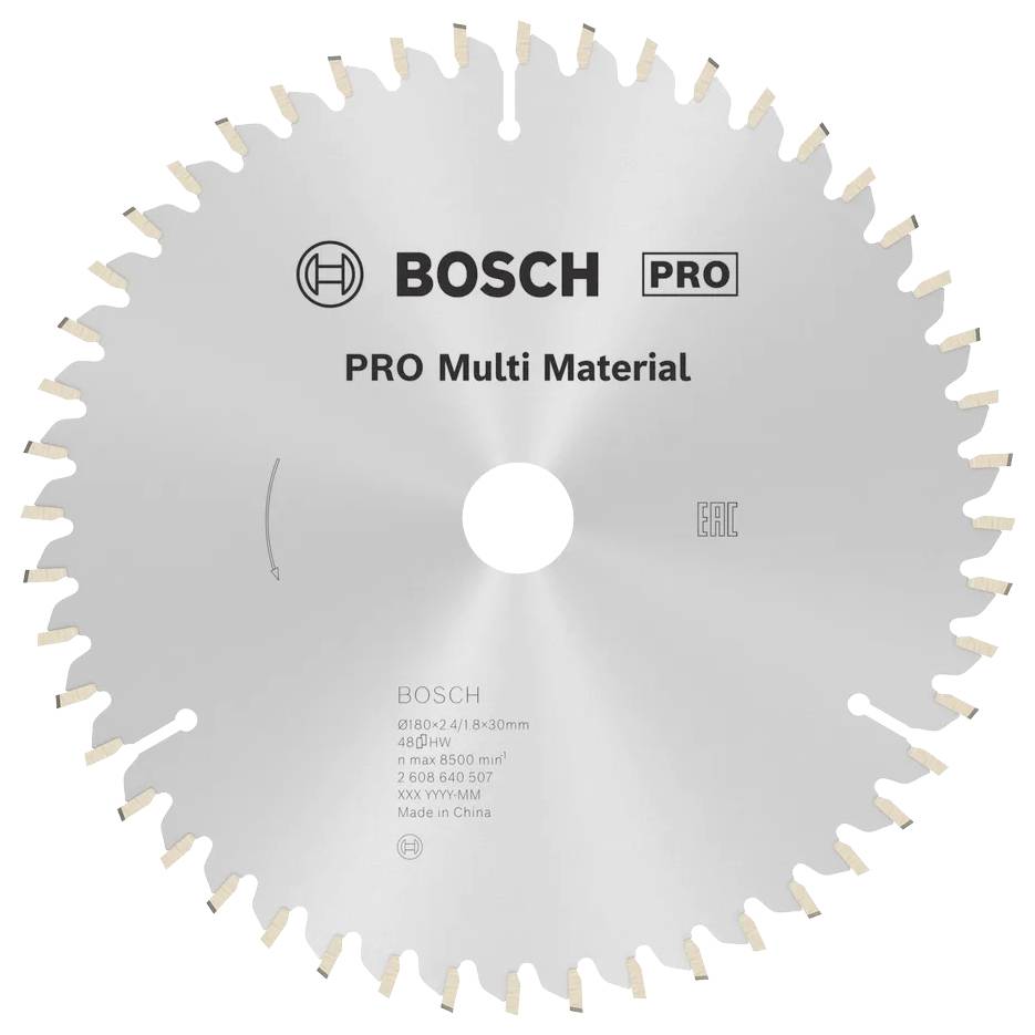 Kreissägeblatt mit der Aufschrift 'BOSCH PRO Multi Material'; entwickelt für vielseitiges Schneiden, mit 48 Zähnen für glatte Kanten; hergestellt in China.