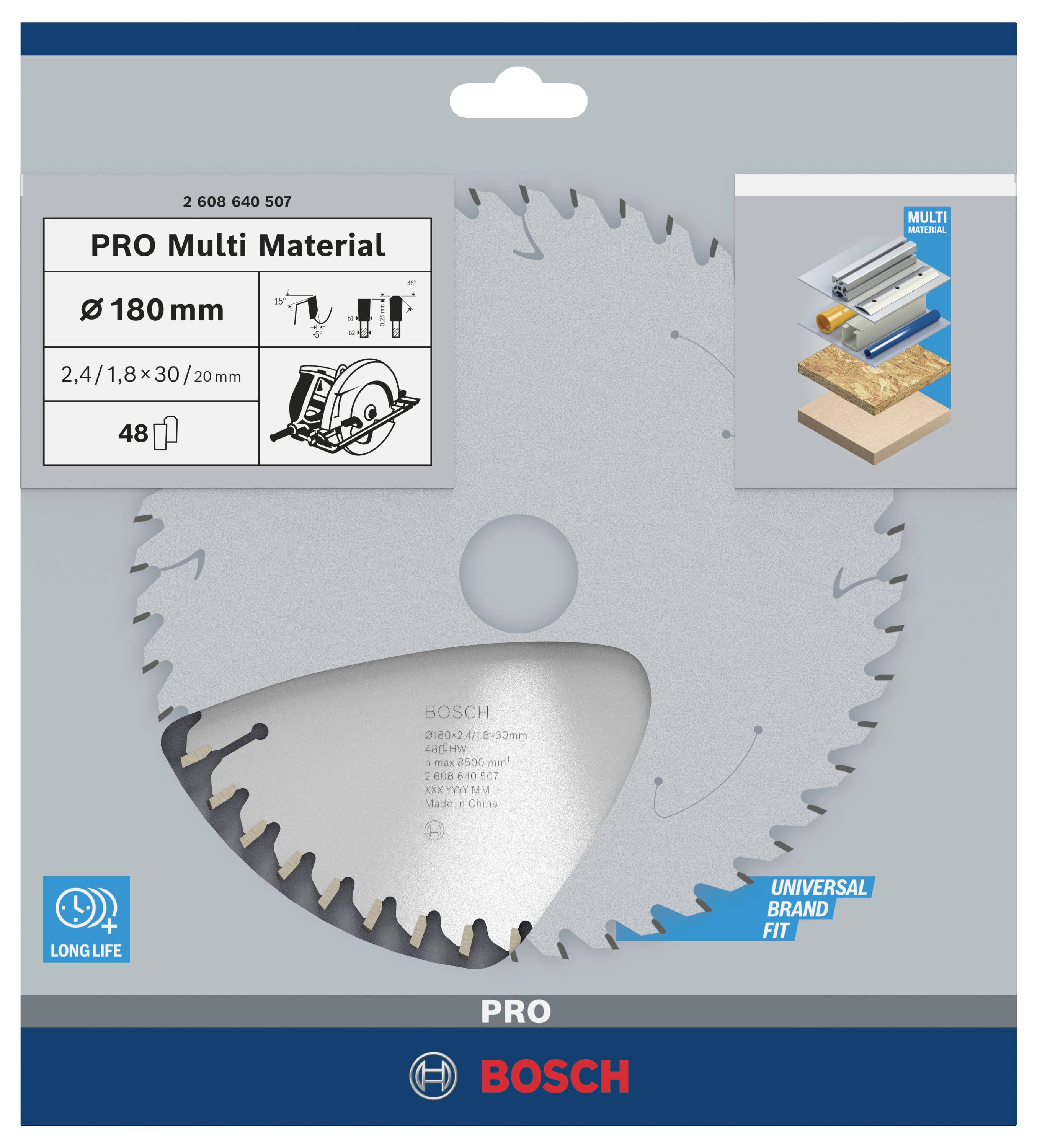 Kreissägeblatt von Bosch für verschiedene Materialien, 180 mm Durchmesser, 48 Zähne, langlebig, für universellen Einsatz.