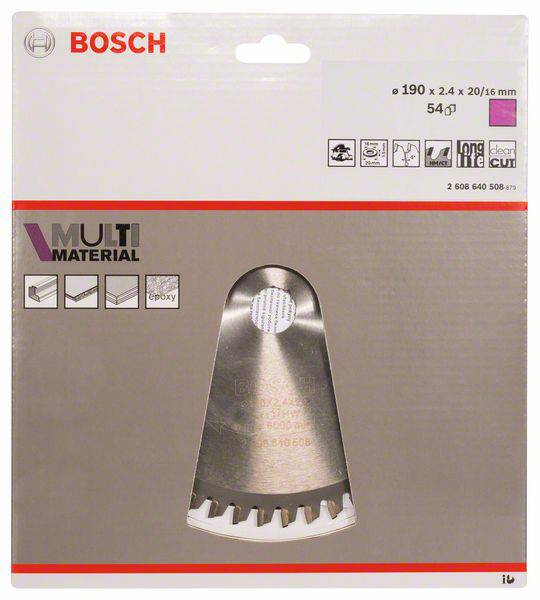 Verpackung eines Bosch Sägeblatts für Multimaterialien, zeigt Sägeblatt mit Zähnen, Symbolen für Einsatzmöglichkeiten und Abmessungen.