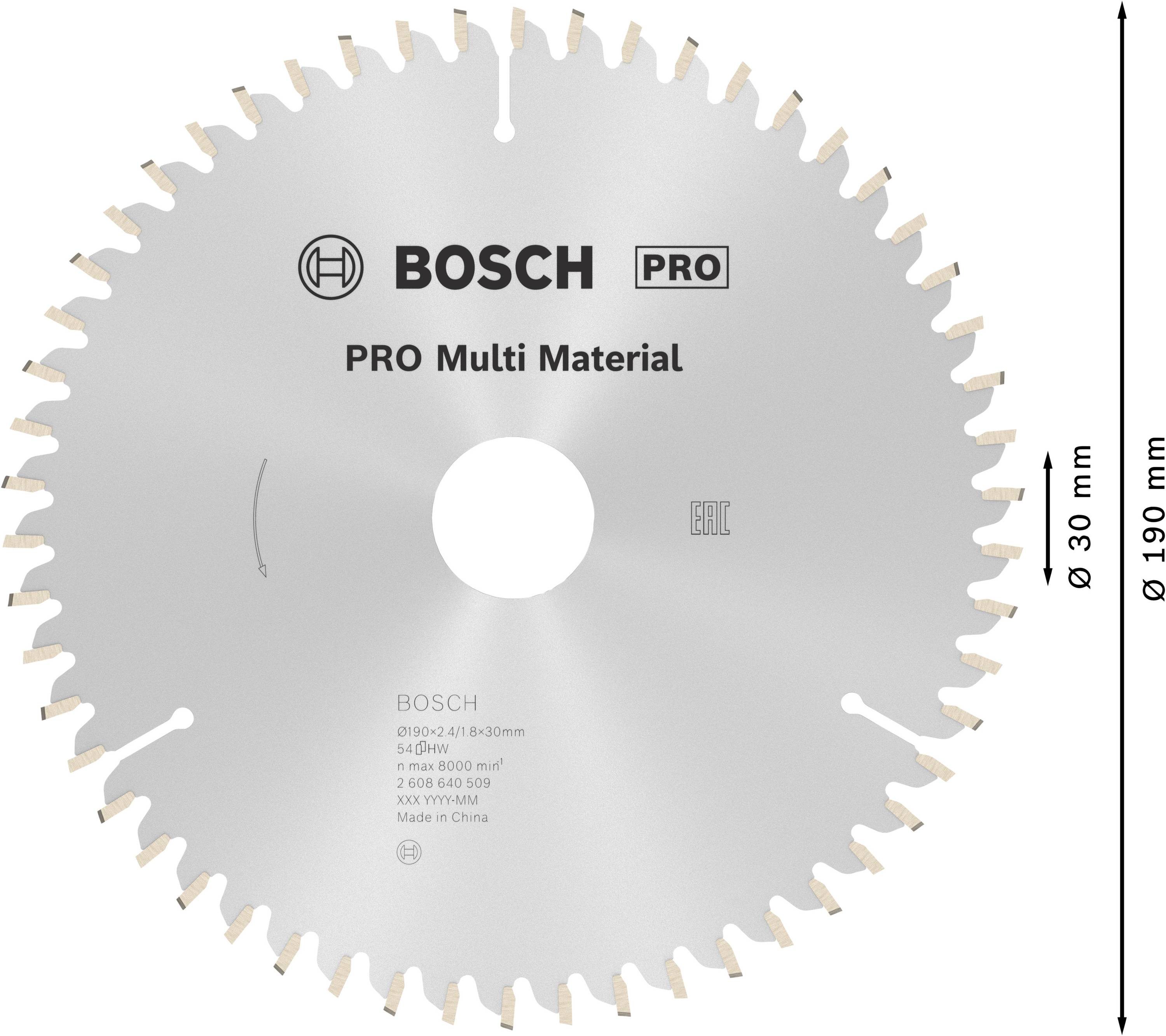 Kreissägeblatt 'BOSCH PRO Multi Material', Ø190 mm, 30 mm Bohrungsdurchmesser, geeignet für diverse Materialien.
