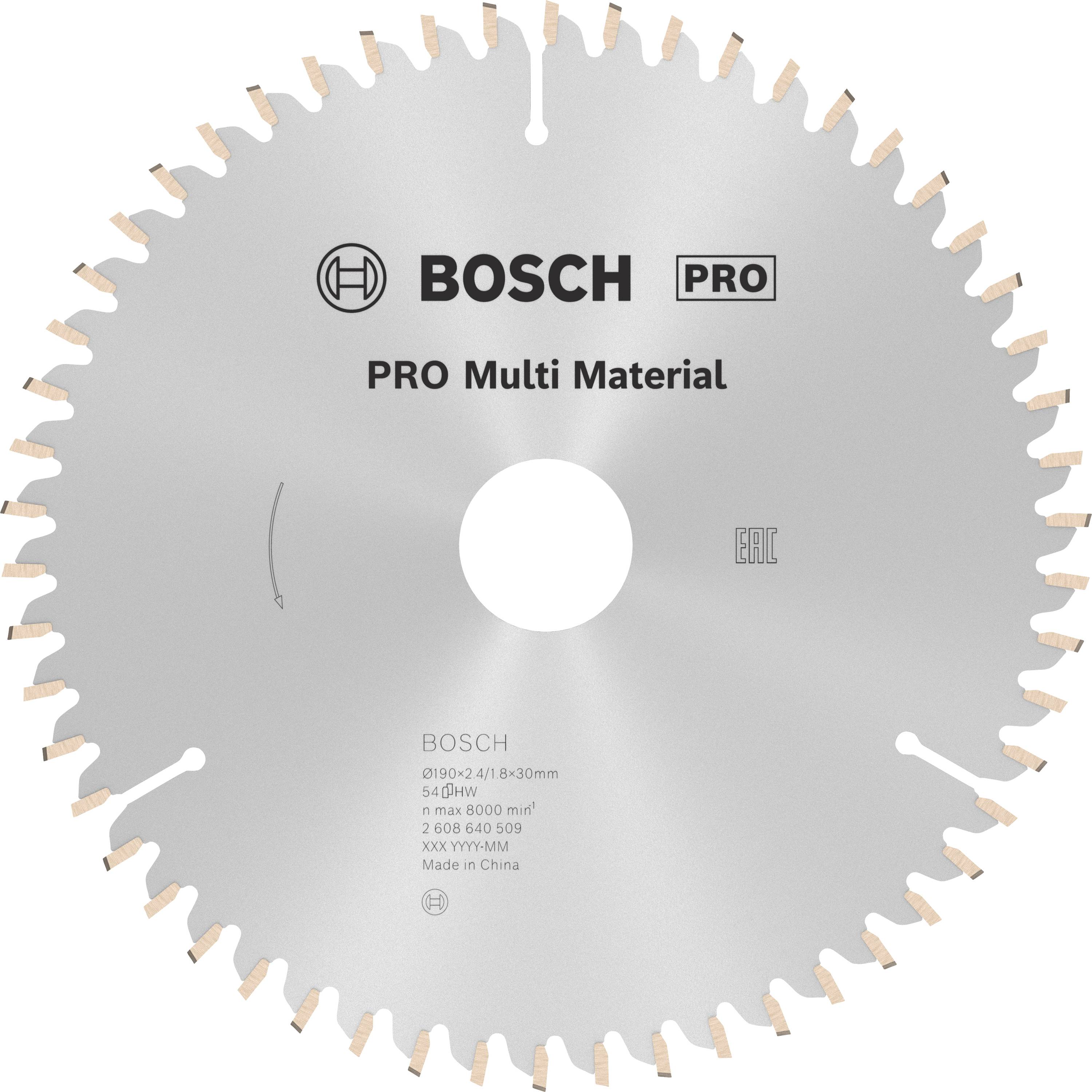 Kreissägeblatt für 'PRO Multi Material' von Bosch, eignet sich für verschiedene Materialien, Durchmesser 210 mm, 30 mm Bohrung.