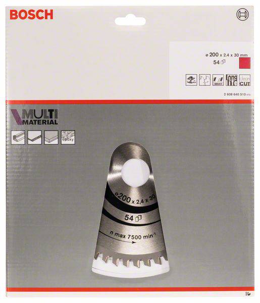 Verpackung einer Bosch Sägeklinge, geeignet für viele Materialien. Enthält Symbole für verschiedene Anwendungen, Größe und max. Drehzahl.