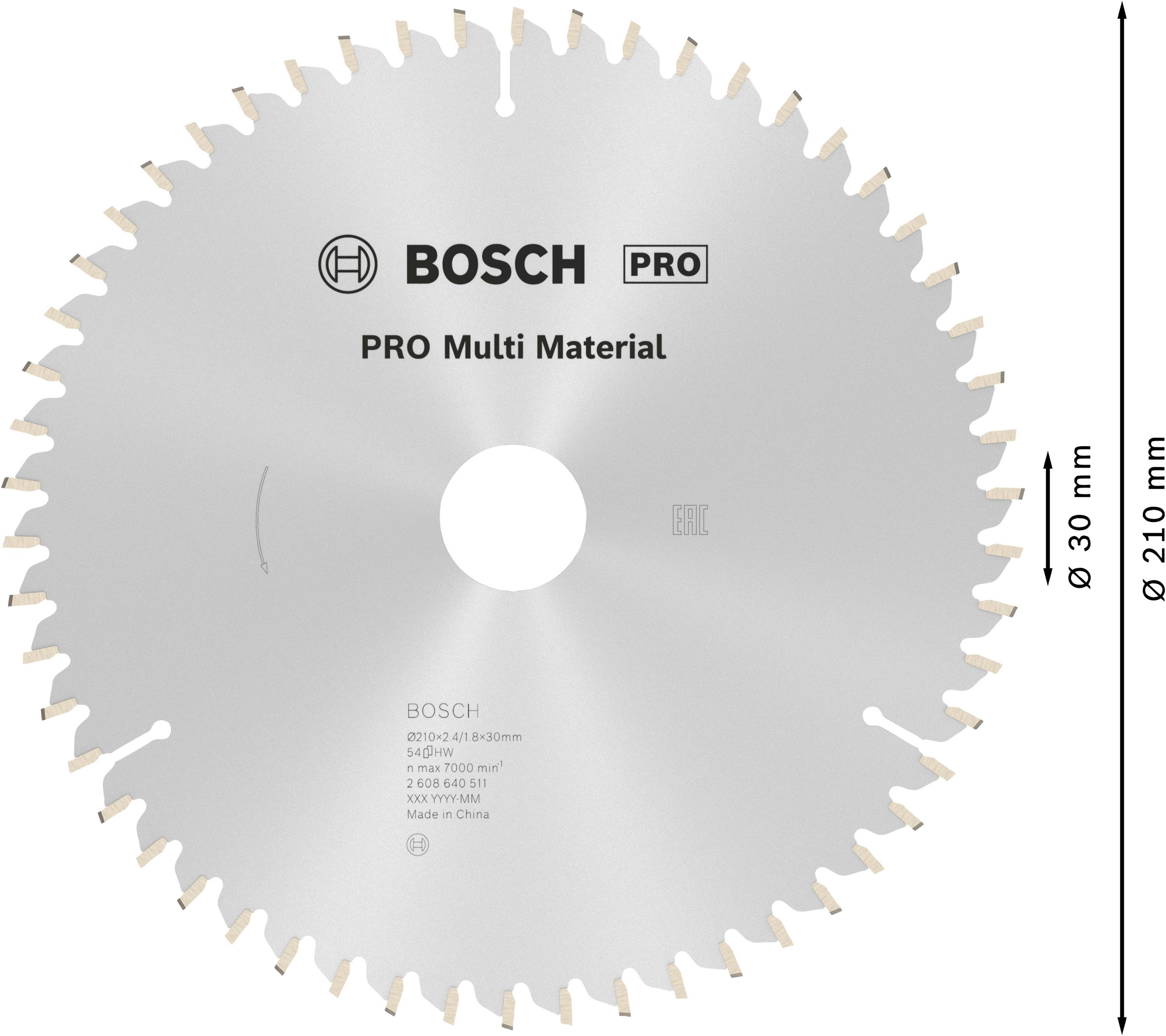 Kreissägeblatt mit einer Schneidfläche von 210 mm Durchmesser und 30 mm Bohrung. Geeignet für 'Multi Material' laut Aufschrift.