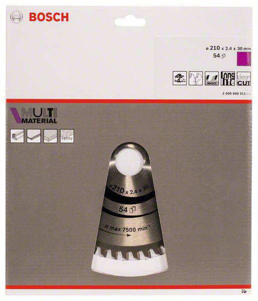 Bosch Sägeblattverpackung für Multimaterialien, zeigt ein einzelnes Sägeblatt mit Spezifikationen: Ø210 x 2,4 x 30 mm, 54 Zähne.