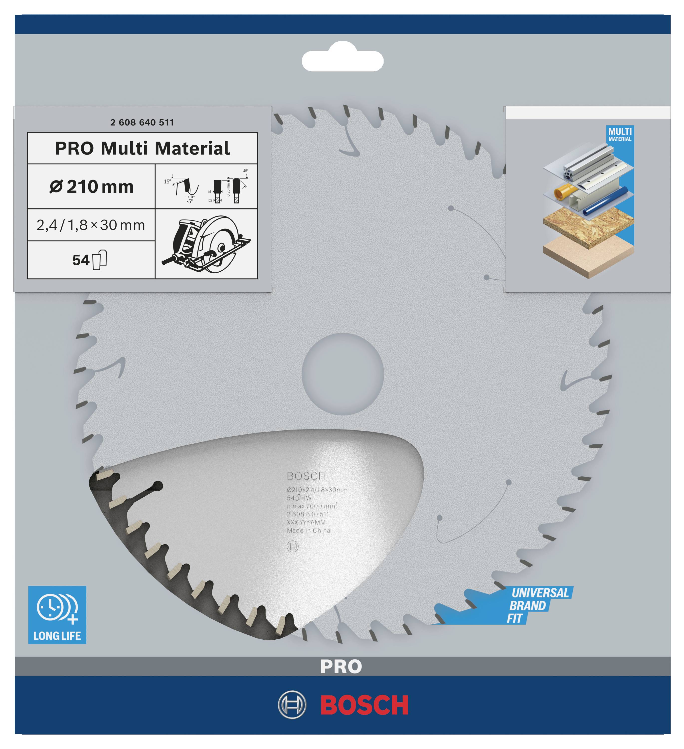 Eine Kreissägeblattverpackung mit Angaben: 'PRO Multi Material', Durchmesser 210 mm, 2,4/1,8 x 30 mm, 54 Zähne. Geeignet für diverse Materialien.