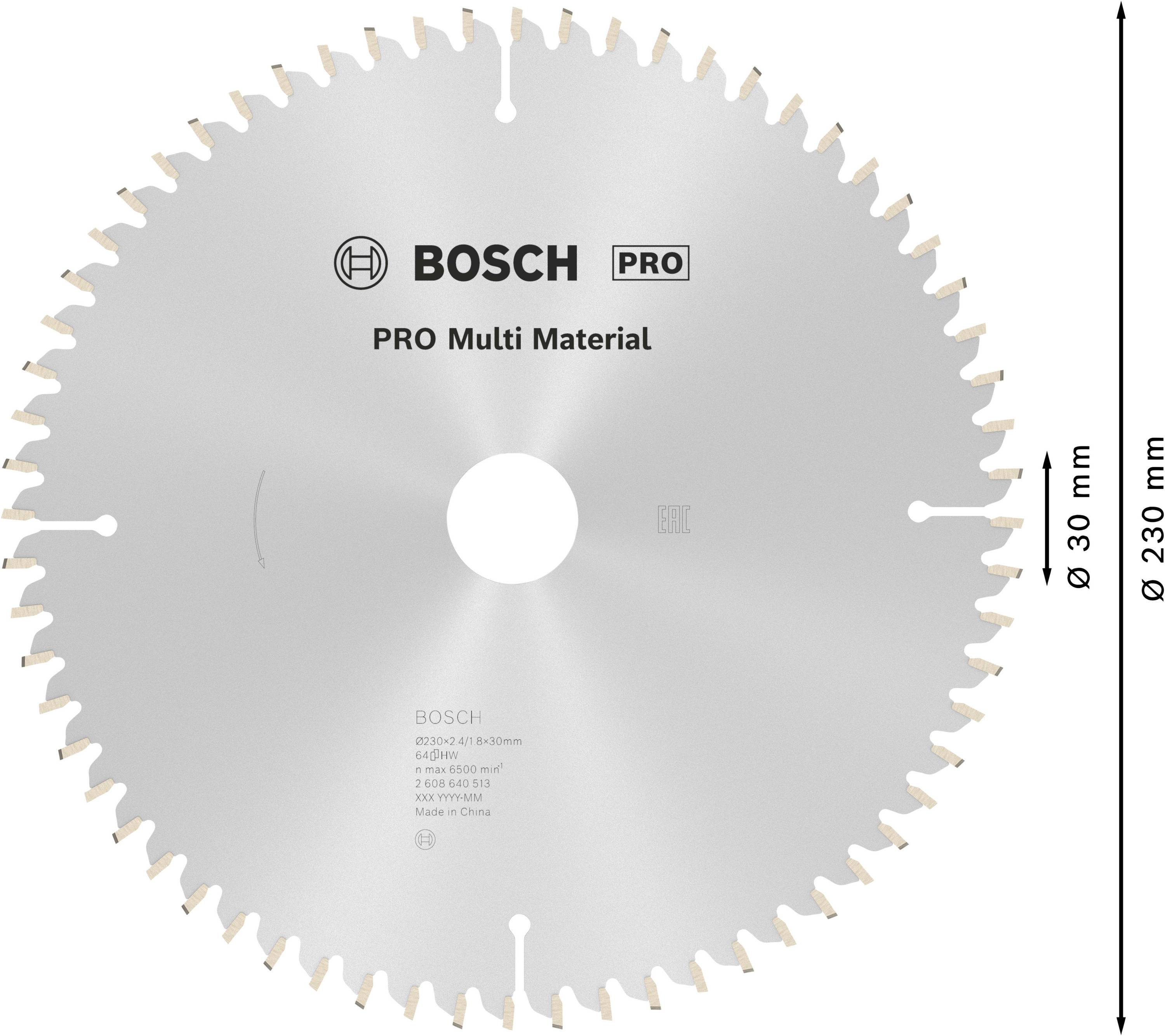 Kreissägeblatt Bosch Pro Multi Material, Ø 230 mm. Silberfarben, 30 mm Bohrung, Zähne zum Schneiden verschiedener Materialien.