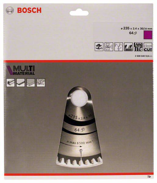 Verpackung einer Bosch-Sägeklinge. Etikett zeigt Spezifikationen, darunter '64 I', 'Multi Material' und 'max 6500 min⁻¹'.