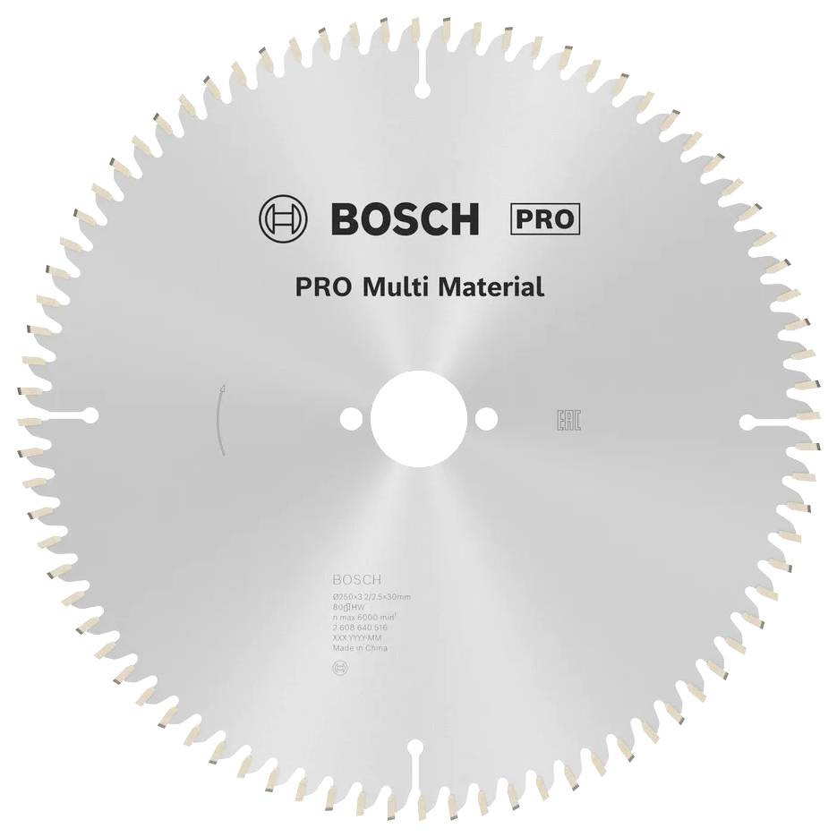 Eine Kreissägeblatt mit einer glänzend silbernen Oberfläche, mit der Aufschrift 'Bosch PRO Multi Material', zeigt gleichmäßig verteilte Zähne an der Kante.