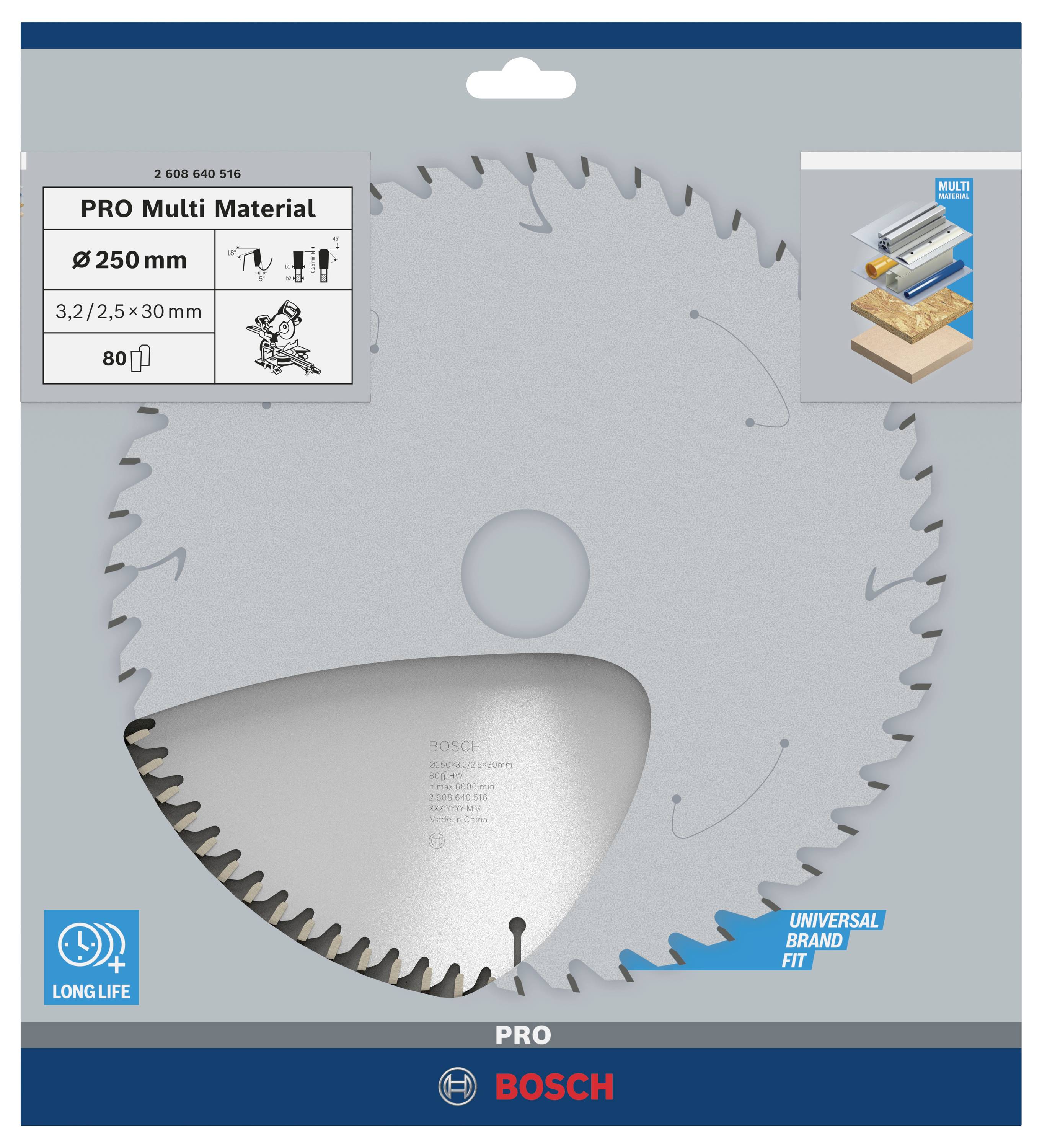 Bosch Accessories Multi Material 2608640516 Hartmetall Kreissägeblatt 250 x 30 x 3.2 mm Zähneanzahl: 80 1 St.