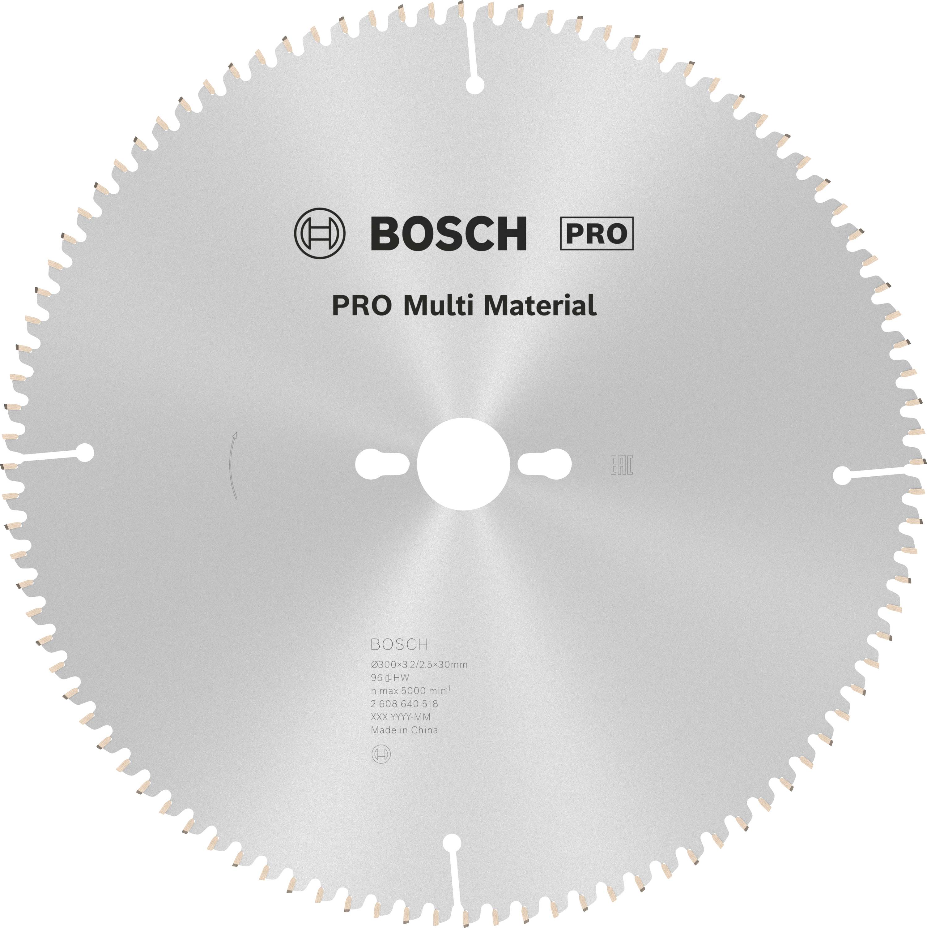 Sägeblatt mit der Aufschrift: Bosch PRO Multi Material. Geeignet für unterschiedliche Materialien.