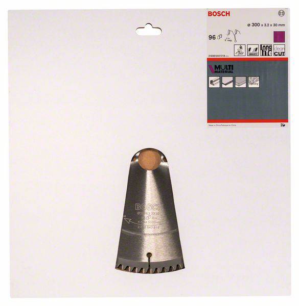 Kleine Metallsäge von Bosch für Multimaterialien, mit grauer Verpackung, Abbildungen von kompatiblen Materialien und Größeninformationen.