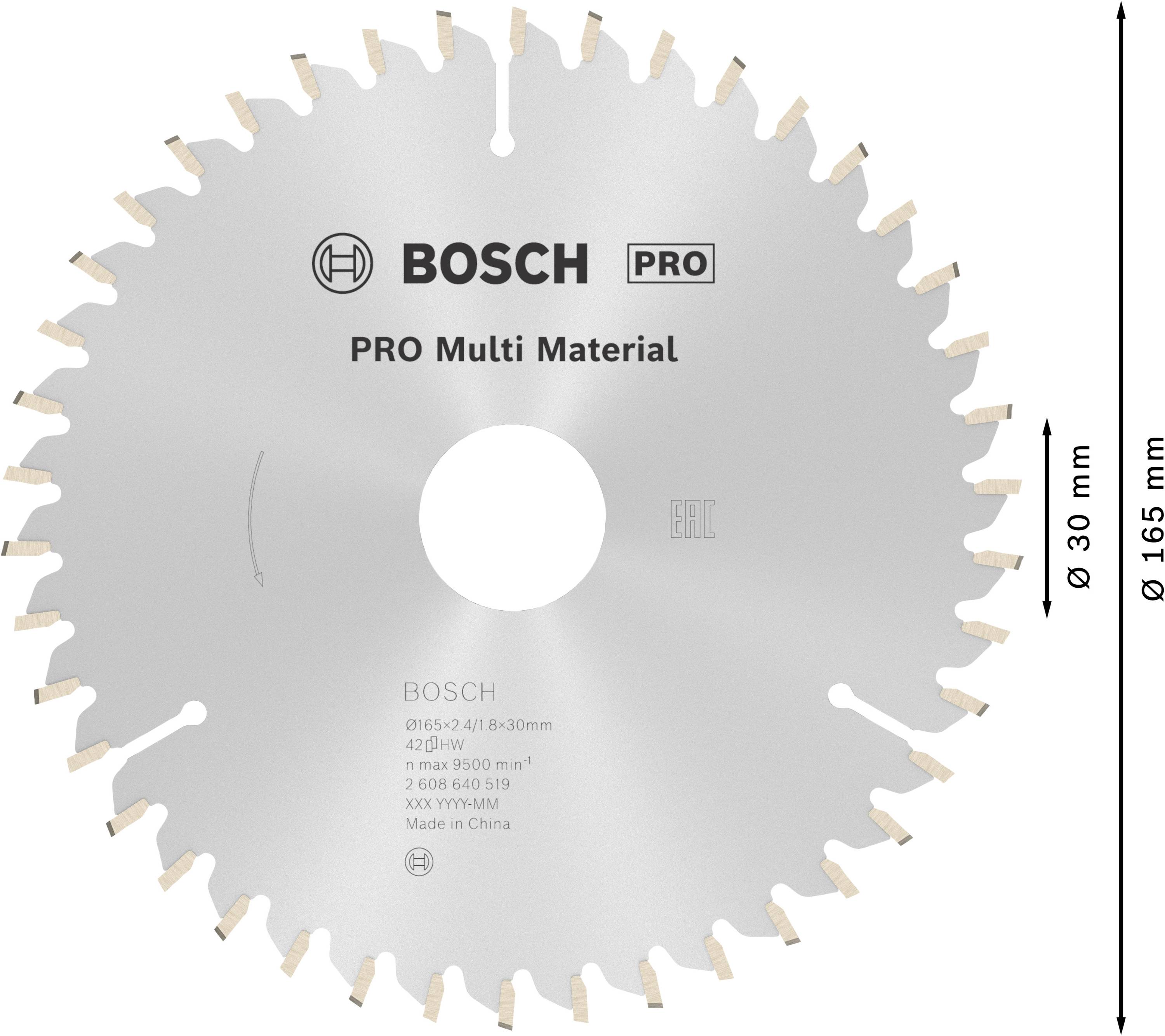 Kreissägeblatt von Bosch Pro, geeignet für verschiedene Materialien. Durchmesser 165 mm, Bohrung 30 mm, Made in China.