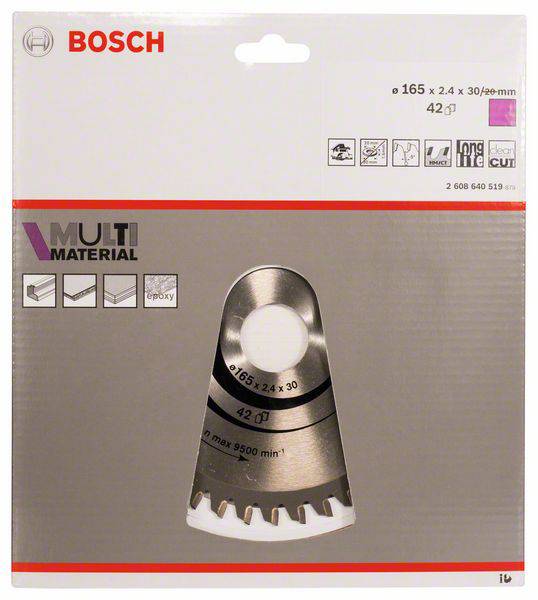 Bosch Sägeblatt für Multimaterialien, 165 x 2,4 x 30 mm, geeignet für Holz, Epoxy und Metall, max. 9500 min⁻¹ Drehzahl.